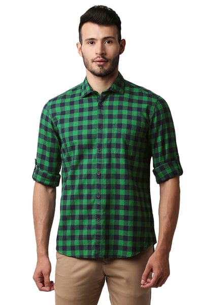 FERN GREEN HERRING BONE TWILL CHECKS SHIRT