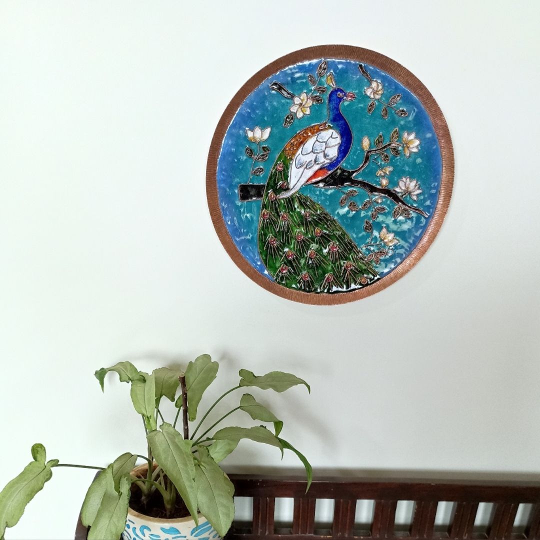 Copper Enamel Wall Plate with Peacock design