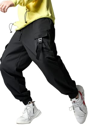 Solid Mens Black Loose Fit Polyester Cargo Trackpant