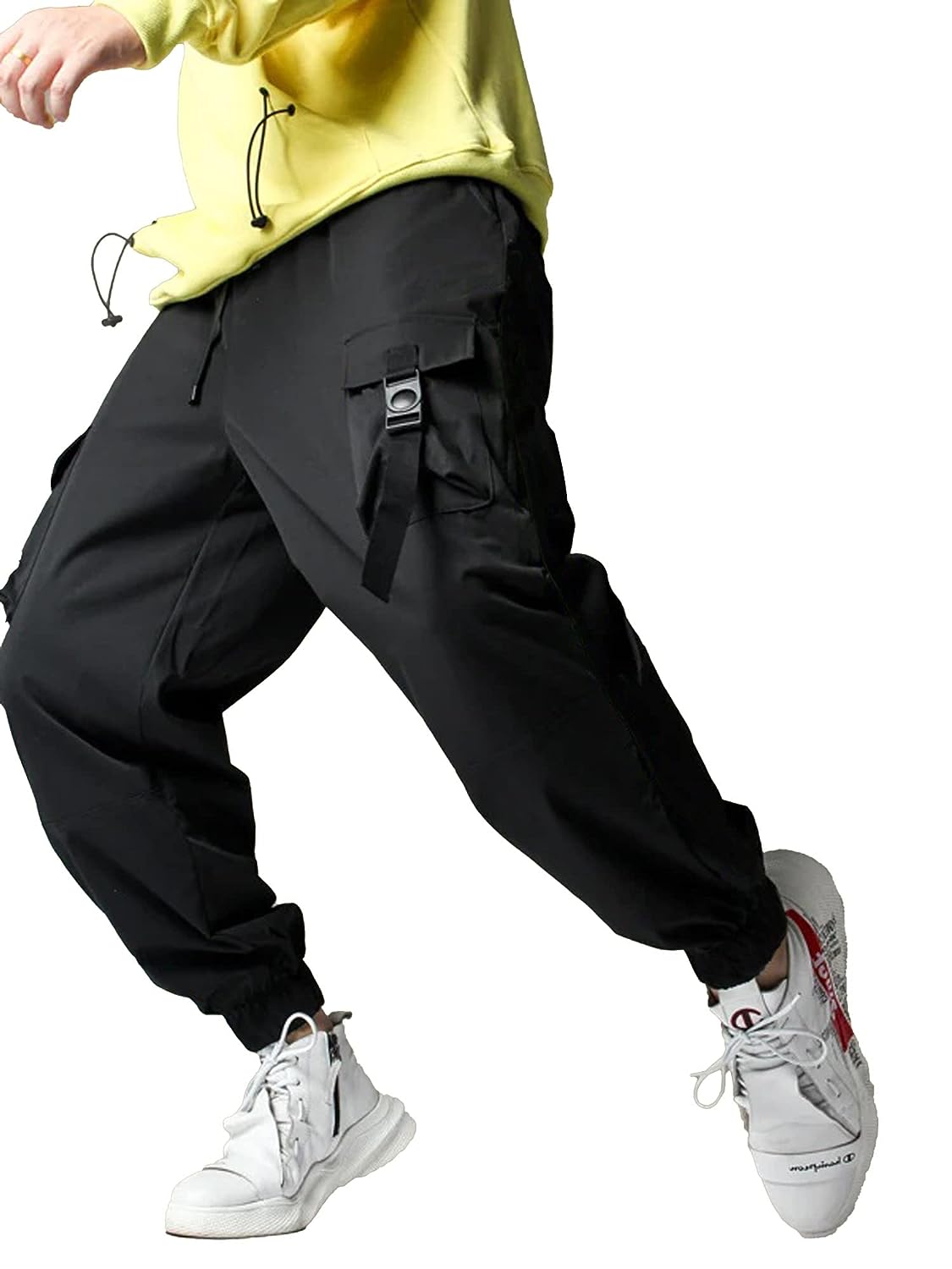 Solid Mens Black Loose Fit Polyester Cargo Trackpant