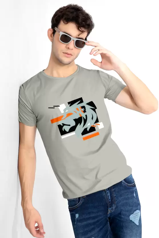 Men Printed Round Neck Cotton Blend Silver T-Shirt