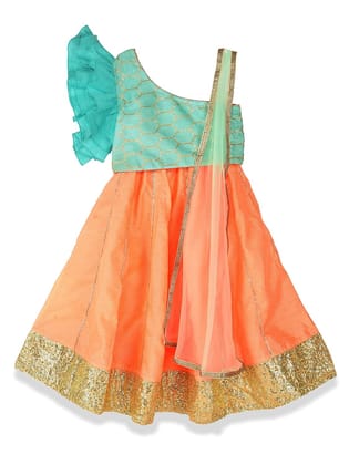 Buy Mini Me Baby Girl's Cotton Silk Fitting Ruffle Sleeves Choli Flare  Ghagra Gota Fabric (Green, Pink, 1-2 Years) at