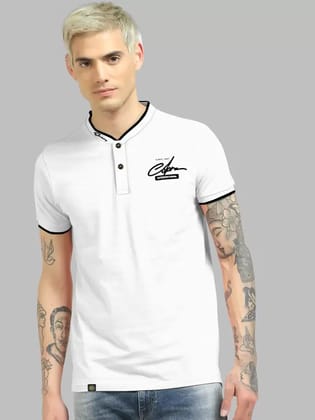Men Typography Polo Neck Cotton Blend  T-Shirt (White)