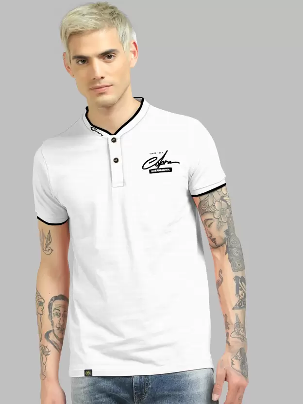 Men Typography Polo Neck Cotton Blend  T-Shirt (White)