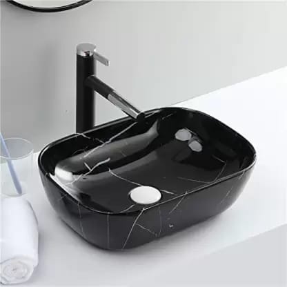 Wash Basin Countertop | Tabletop Ceramic Bathroom Sink | Wash Basin Over Counter | Wash Basin For Bathroom (18 x 13 x 5.5 Inch) (Black And White Glossy Wash Basin))