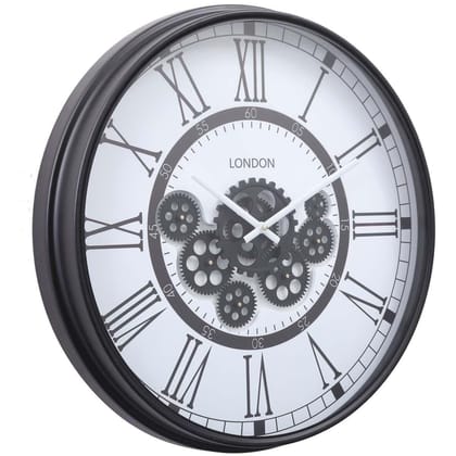 Euroxo London Moving Gears Metal Wall Clock, Black & White, 55cm