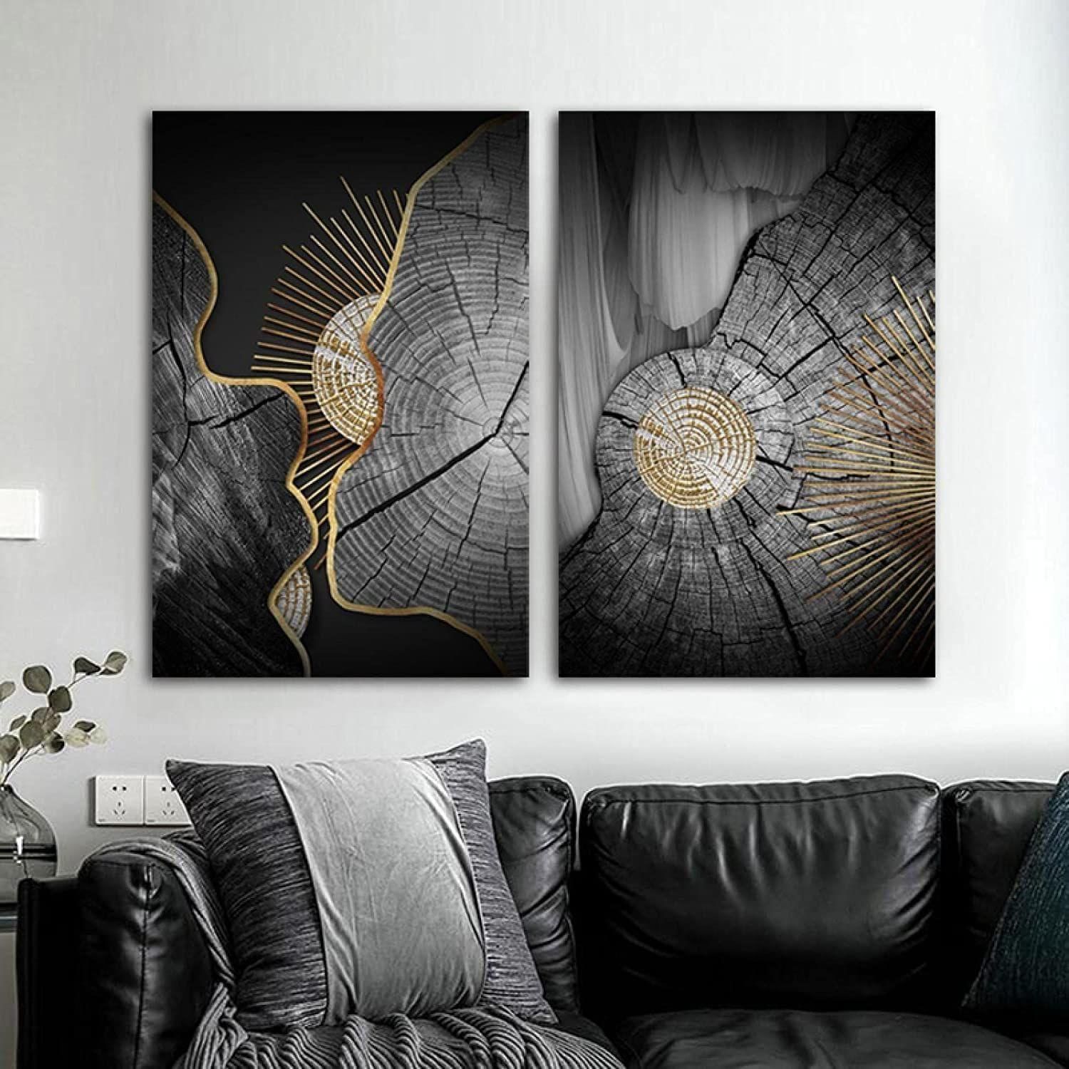 Modern Abstract Black And White Annual Ring Wood Grain Canvas Painting with metal frame Wall Art Prints Picture For Living Room Home Decor 40x70cm(16x28in)X2