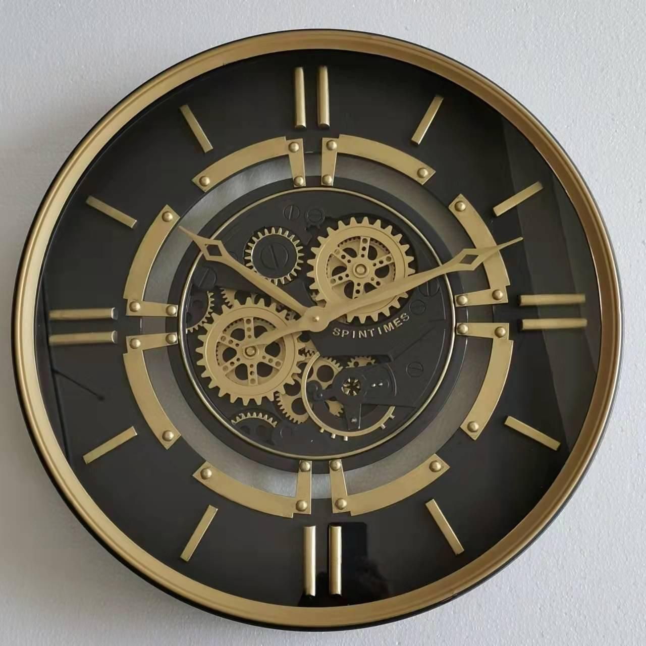 Euroxo Moving Gears Metal Wall Clock, Black & Gold, 60cm