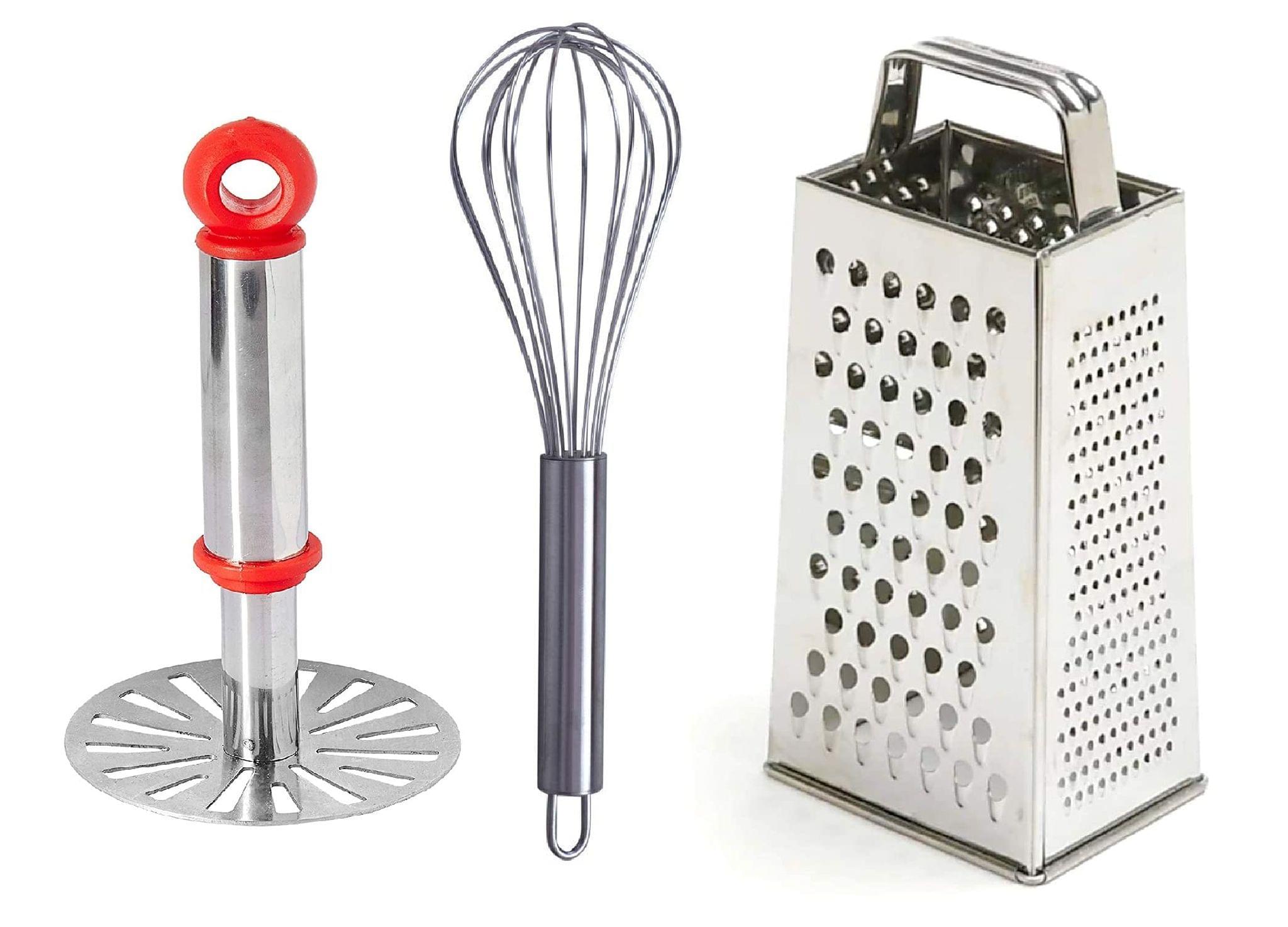 Vessel Crew Combo of Plastic & Steel Pav Bhaji Potato Masher, Stainless Steel Egg Whisk and 4 Sides Grater