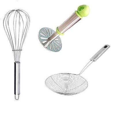 Vessel Crew Combo of Stainless Steel Pav Bhaaji Masher, Egg Whisker/Hand Beater, Deep Fry Strainer