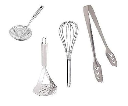 Vessel Crew Combo of Stainless Steel Potato Masher, Egg Whisker, Deep Fry Strainer and Momo's Tong Set of 4pcs