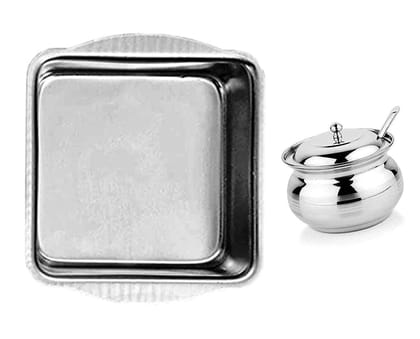 Vessel Crew Combo 2 Pieces Set of Aluminium Square Shape Cake Mould with Stainless Steel Ghee Pot with Lid and 1 Spoon