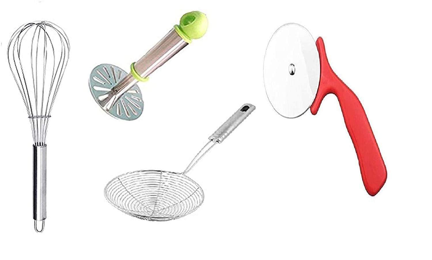 Vessel Crew Combo of Stainless Steel Potato Vegetable Masher, Egg Whisk and Deep Fry Strainer and Pizza Cutter (4pcs)