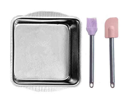 Vessel Crew Combo 3 Pieces Set of Aluminium Square Shape Cake Mould with Stainless Steel Handle Silicone Spatula & Oil Brush Set