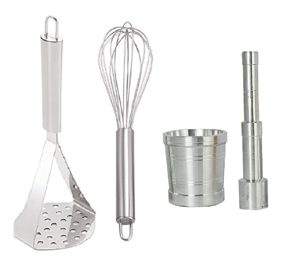 Vessel Crew Stainless Steel Kitchen Combo Set of Potato Vegetables Pav Bhaji Masher, Egg Beater Whisk & Aluinium Mini 0 Size Khal Batta