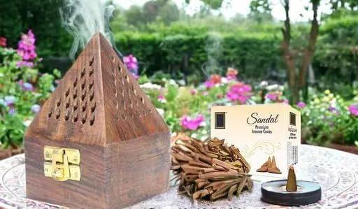 Vessel Crew Wooden Pyramid Incense Box Fragrance Stand Holder Agarbatti Dhoop and Incense Cones Dhoop for Pooja I Dry Dhoop Cones Sandalwood Fragrance