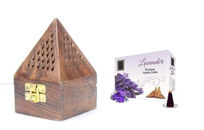 Vessel Crew Wooden Pyramid Handmade Incense Dhoop Burner Stick Holder Ash Catcher Box and Incense Cones Dhoop for Pooja I Dry Dhoop Cones Levender Fragrance