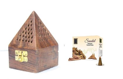 Vessel Crew Wooden Pyramid Incense Box Fragrance Stand Holder Agarbatti Dhoop and Incense Cones Dhoop for Pooja I Dry Dhoop Cones Sandalwood Fragrance