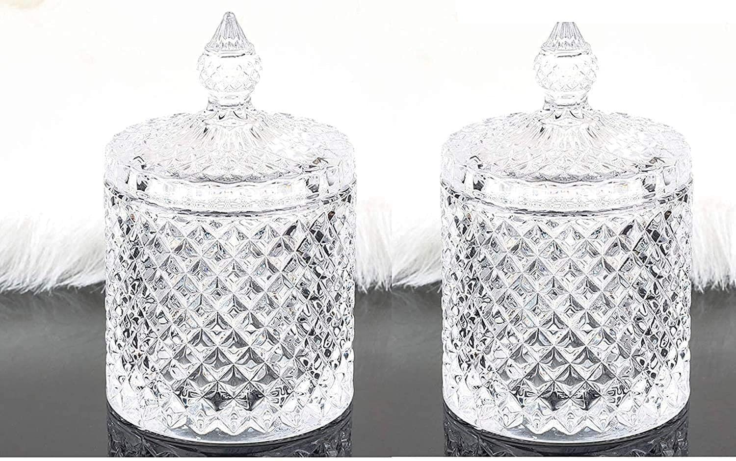 ONFLOW Crystal Diamond Faceted Jar with Crystal Lid, Suitable As A Candy Bowl, Cookie Tin, Biscuit Barrel, Decorative Candy Jar Sugar Bowli Set Of 2