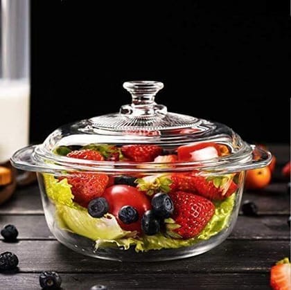 ONFLOW Casserole Deep Round - (1000 Ml) Oven Microwave Safe Serving Bowl Glass Lid Transparent