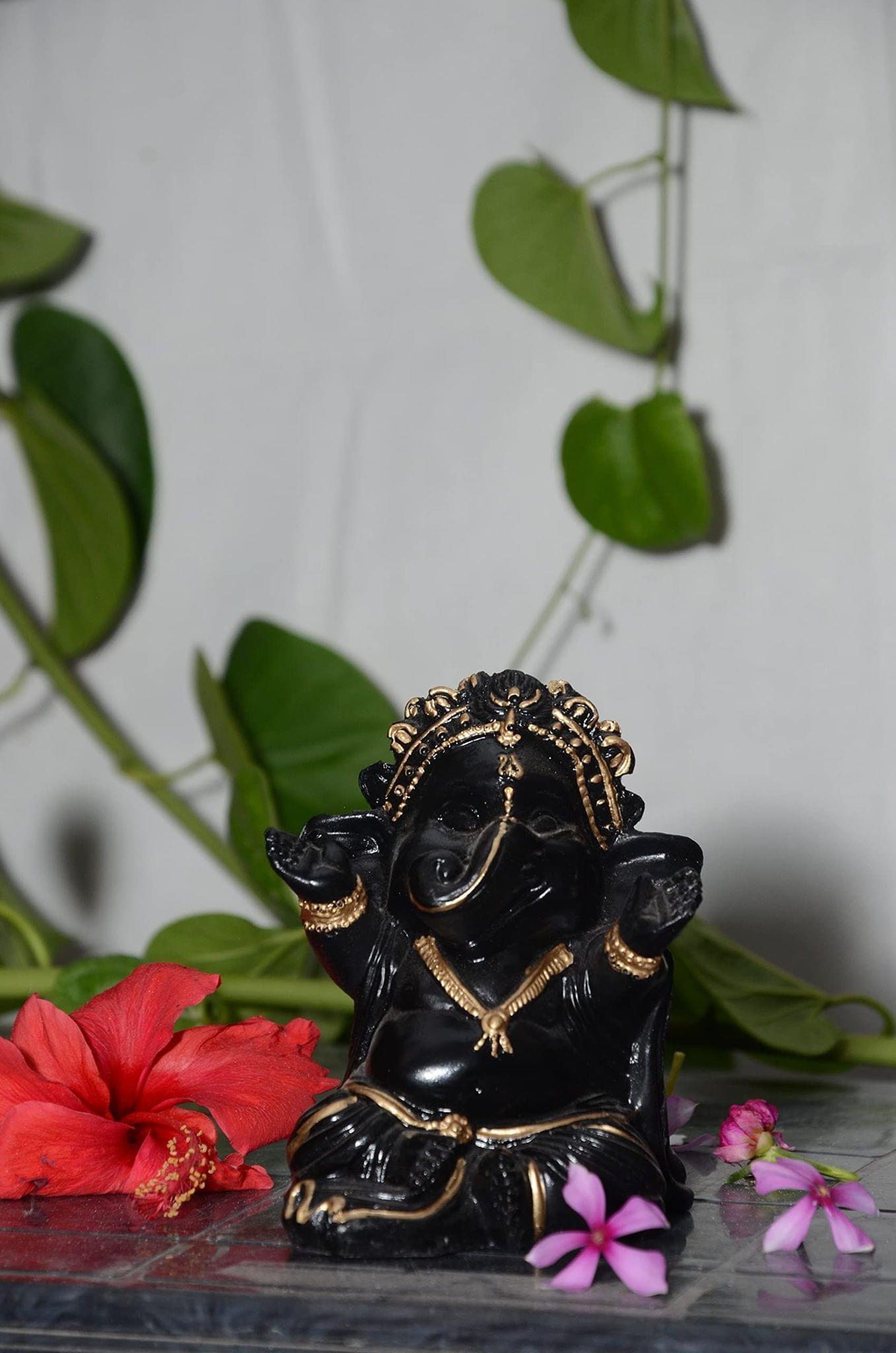 ONFLOW ON13 Polyresin Lord Ganesh Idol - Decorations Items for Home Pooja Room Gifts. (Black & Golden showpiece)