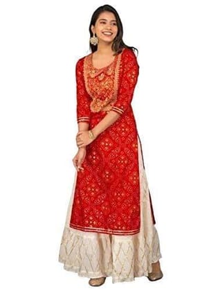 Women's Designer Printed Kurta Sharara Set (Medium, Red)