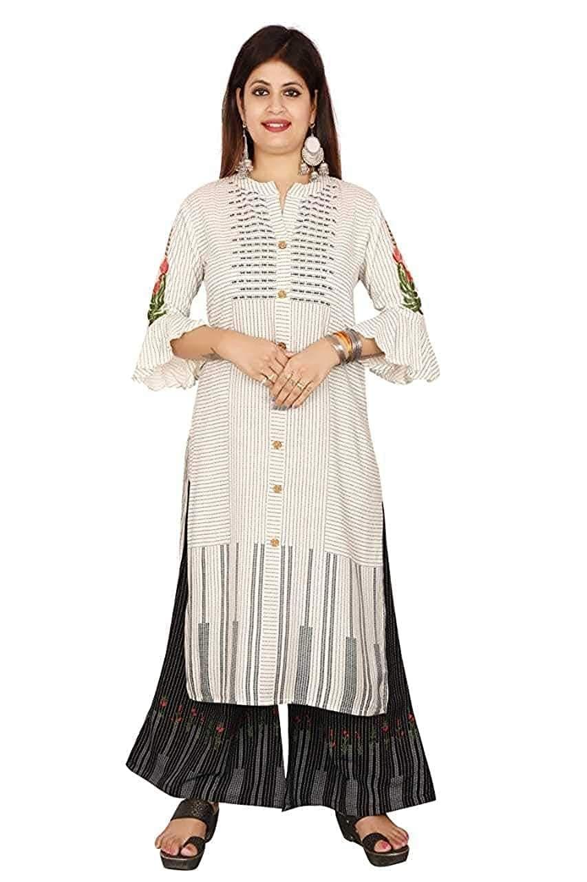 Monika Fashion Women's Rayon Hand Work Casual Wear/Ethnic wear/Kurti Palazzo Set Calf Length Kurti Plazo Set for Women