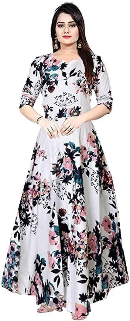 Monika Fashion Women Printed Gown Kurta Rayon Printed Maxi Long Gown Multicolor Dress