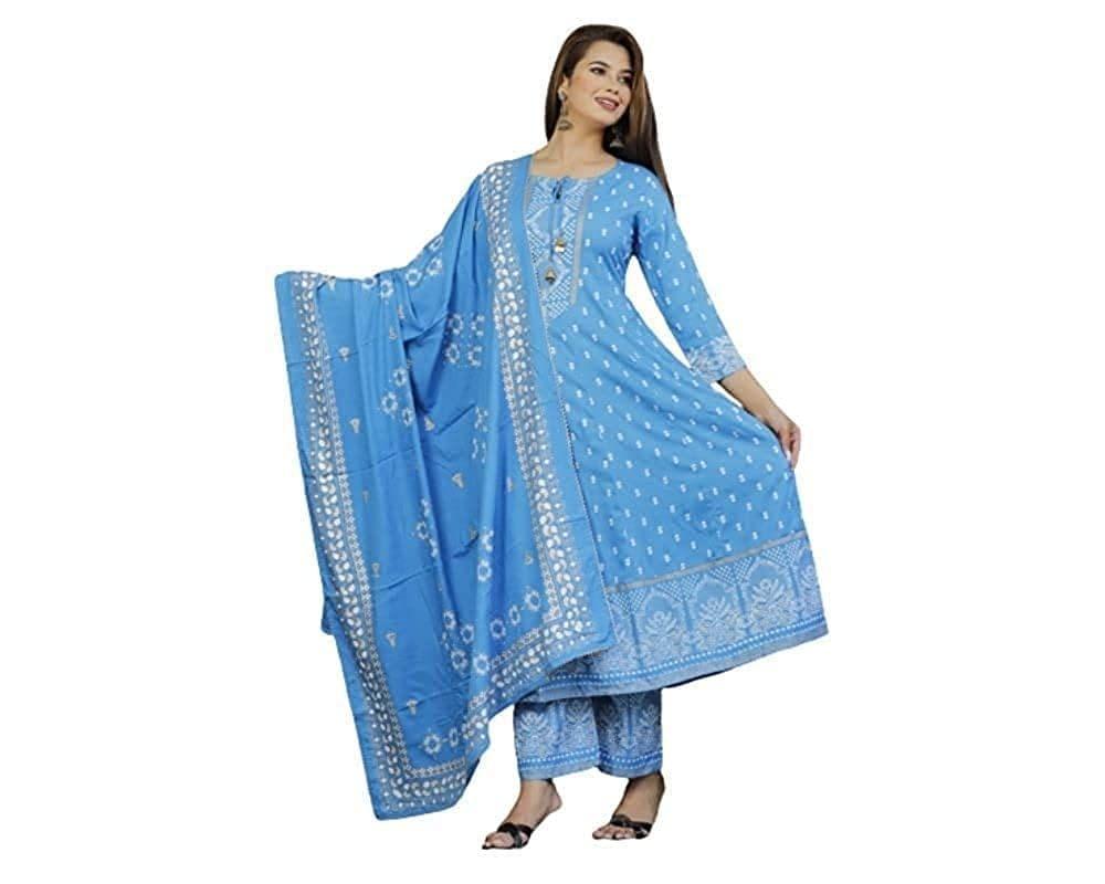 Monika Fashion Women's Rayon Printed Anarkali Kurta with Pant and Dupatta Set for Women & Girls