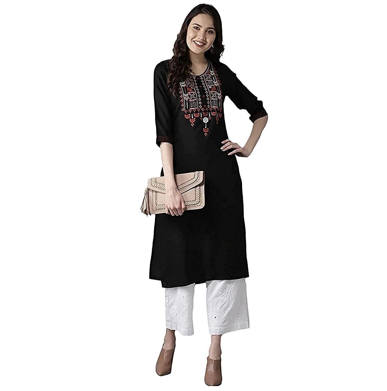 Monica Fashion Women Black Color Straight Rayon Kurti