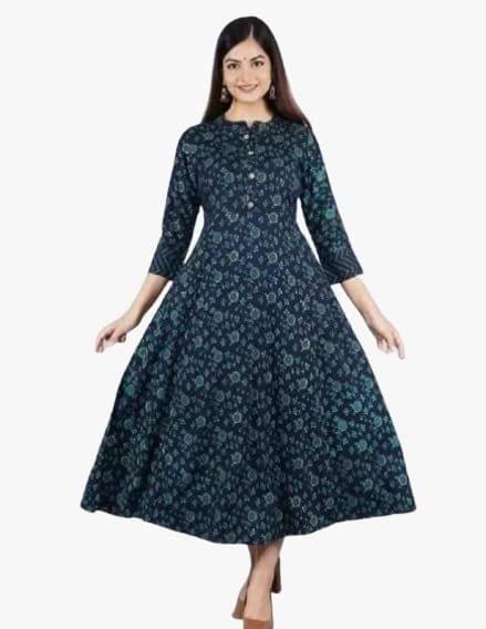 Monica Fashion Women's Rayon Three-Quarter Sleeves Round Neck Anarkali Kurta in Blue Color Latest Kurti Designed for Casual Function wear Comfy and Smooth in Any Occasions