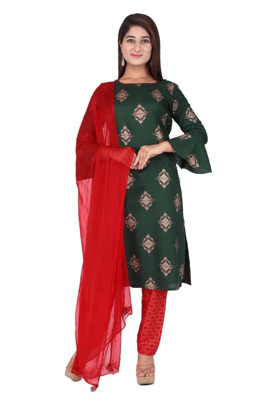 Monika Fashion Women Rayon Printed Kurta with Palazzo & Dupatta Set