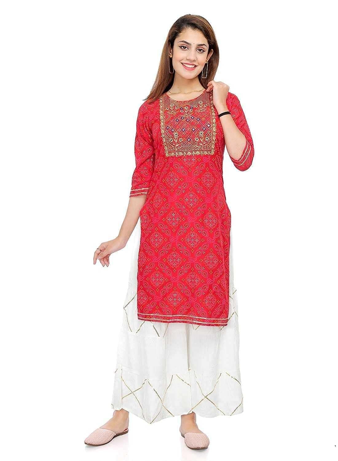 Monica Fashion Women's Rayon Embroidered Straight Kurti with Sharara Set