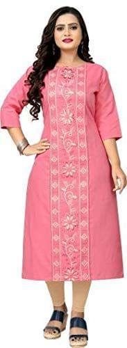 Monika Fashion Women's Rayon Pink Kurti with Embroidered Work