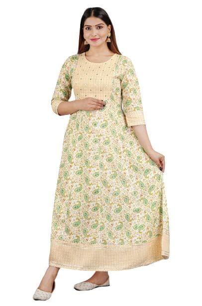 Monika Fashion Women's Rayon Foil Printed Long Anarkali Kurti New Selection Attractive Look (Yellow)