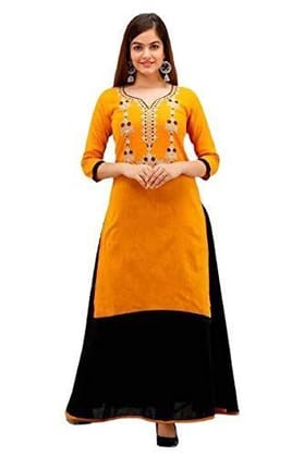 Womens Designer yellow and Black Color Printed Kurti with Skirt (yellow)