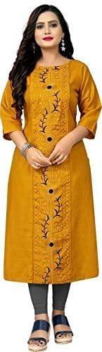 Monika Fashion Women's Rayon Embroidered Work Golden Kurti