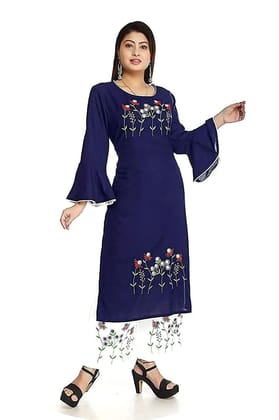 Monika Fashion Women's Rayon Printed Kurta and Plazzo Set (Navy Blue)