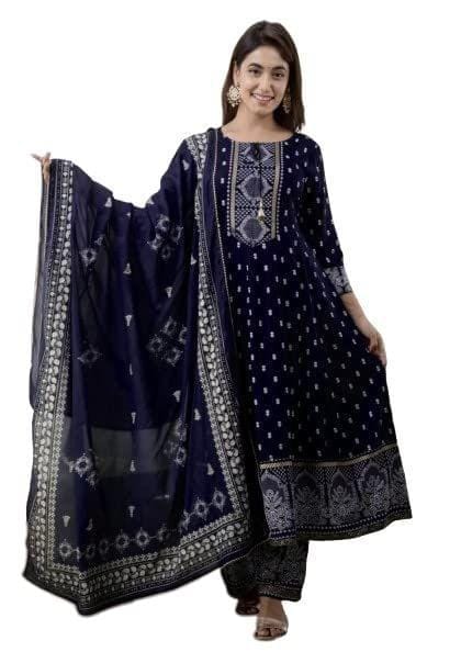 Monika Fashion Rayon Women Printed Kurta Pant and Dupatta Set (Navy Blue)