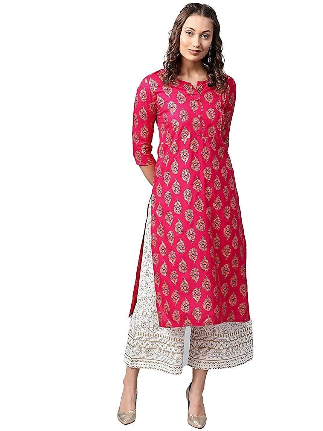 Women�s Rayon Mirror Work Long Kurta and Stripe Palazzo Set (Peach)