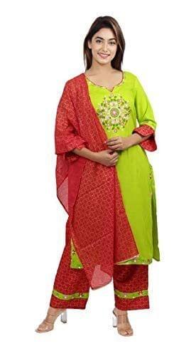 Monika Fashion Women's Rayon Straight Kurti Pant Set With Dupatta (Green)