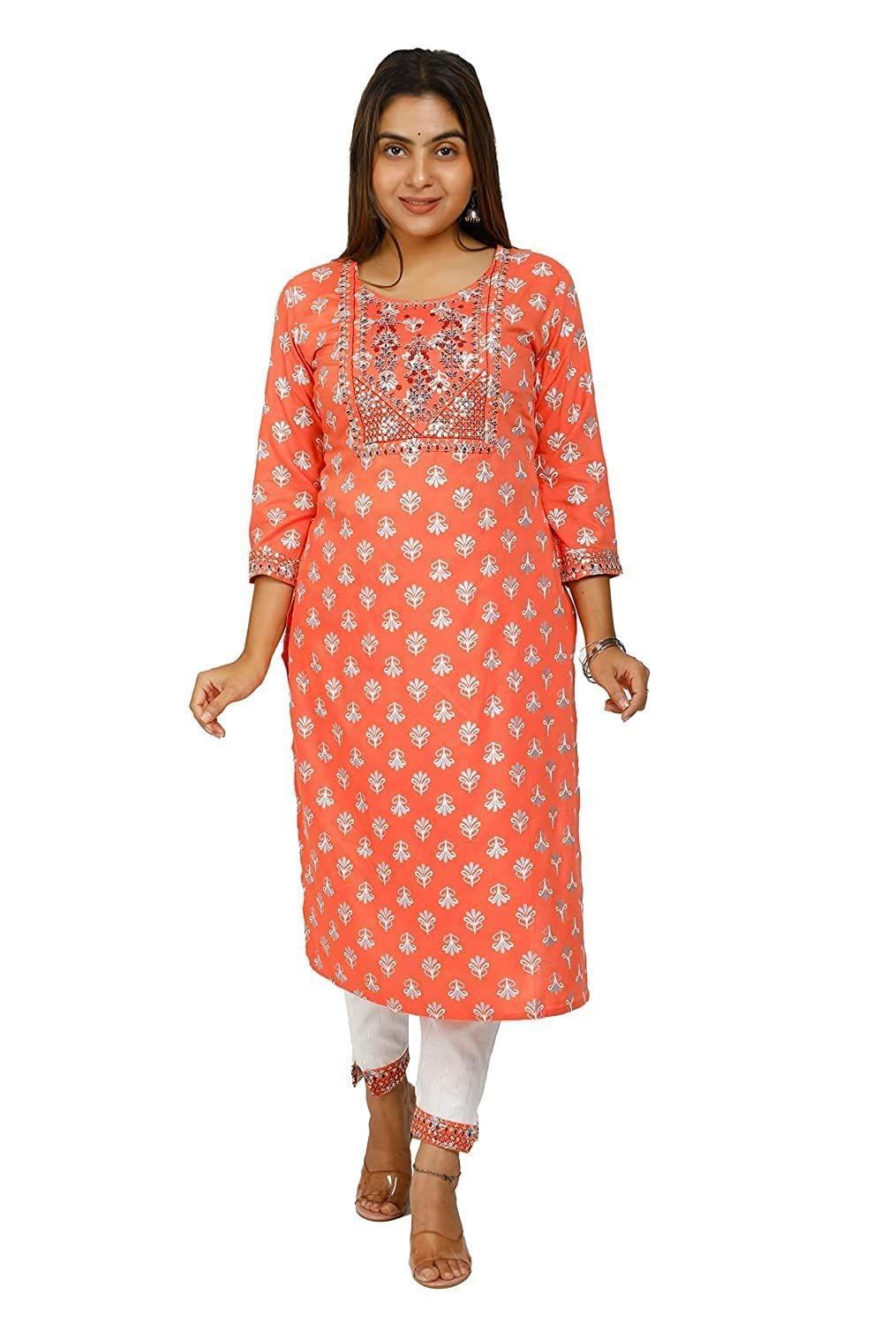 Monika Fashion Women's Rayon Orange Color Designer Straight Kurta with Pant