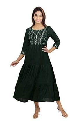 Women's Pure Rayon Embroidered Anarkli Kurta, Anarkali Casual Kurti for Girls (Bottel Green)