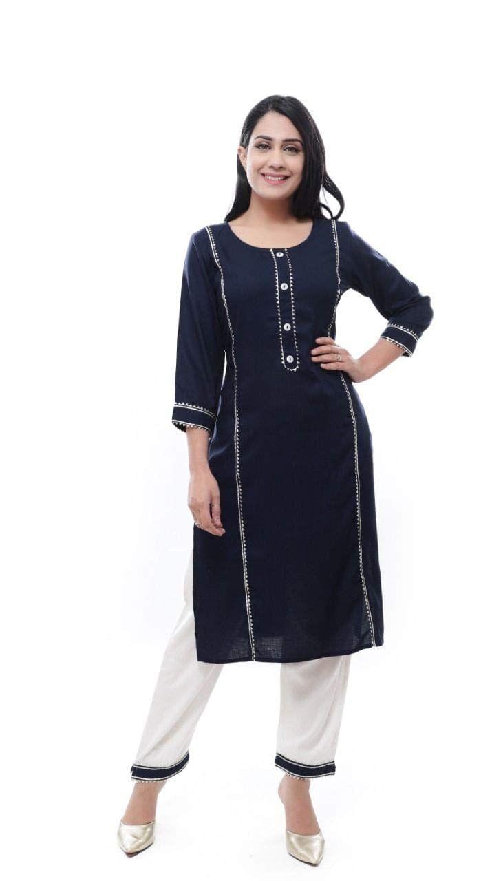 Monika Fashion�Womens Rayon Straight Kurta with Pant Set (Navy Blue)