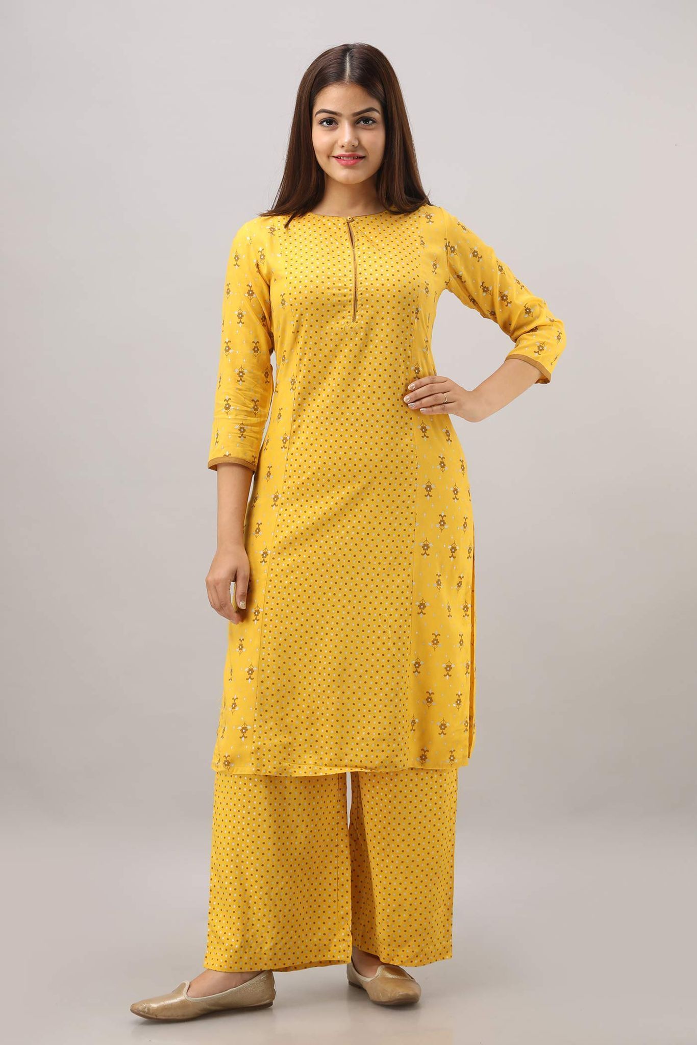 JAIPURETHNICWEAVES Women's Rayon Geometric Printed Straight Kurta (Yellow)