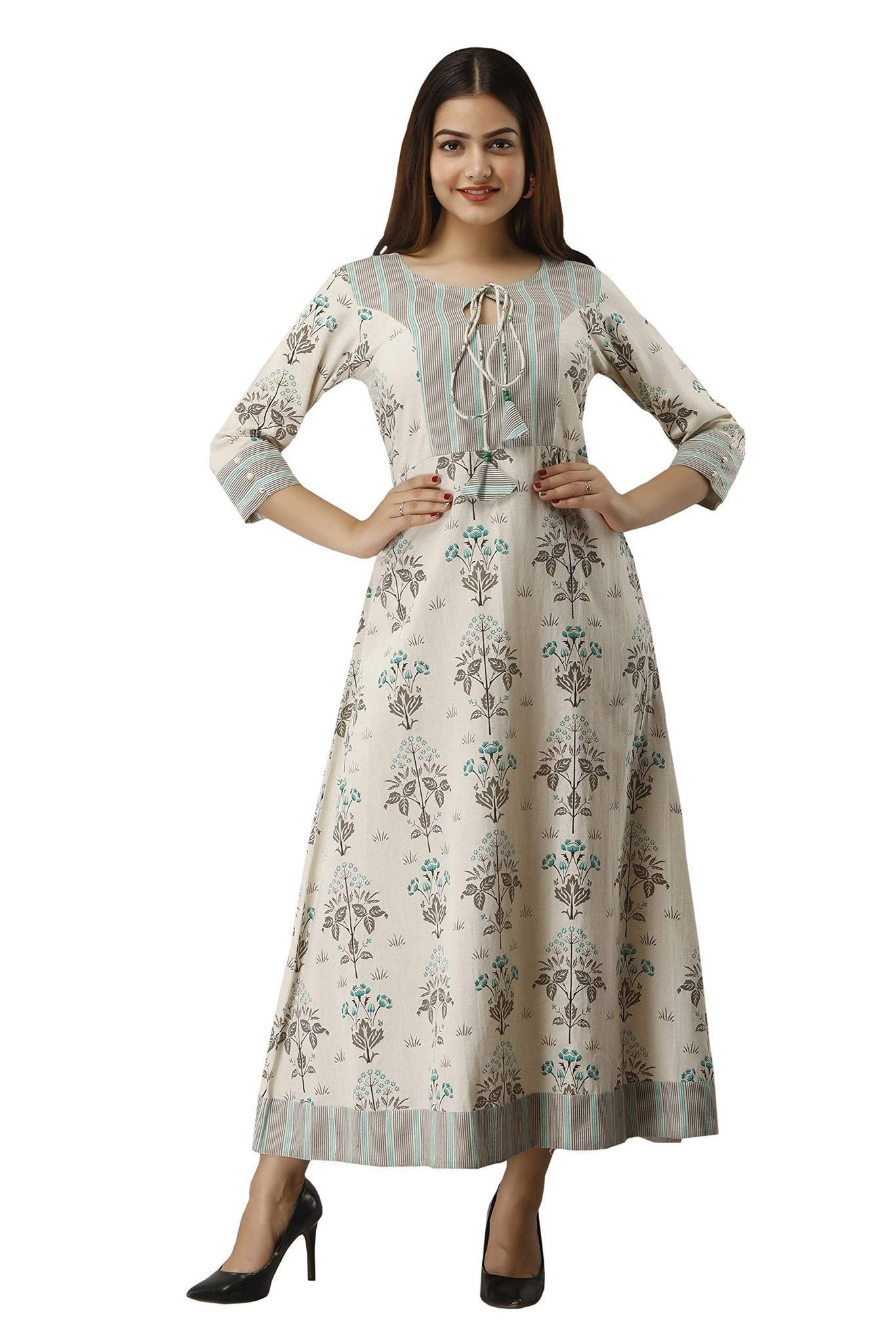 JAIPURETHNICWEAVES Women's Cotton Flax Printed Anarkali Kurta