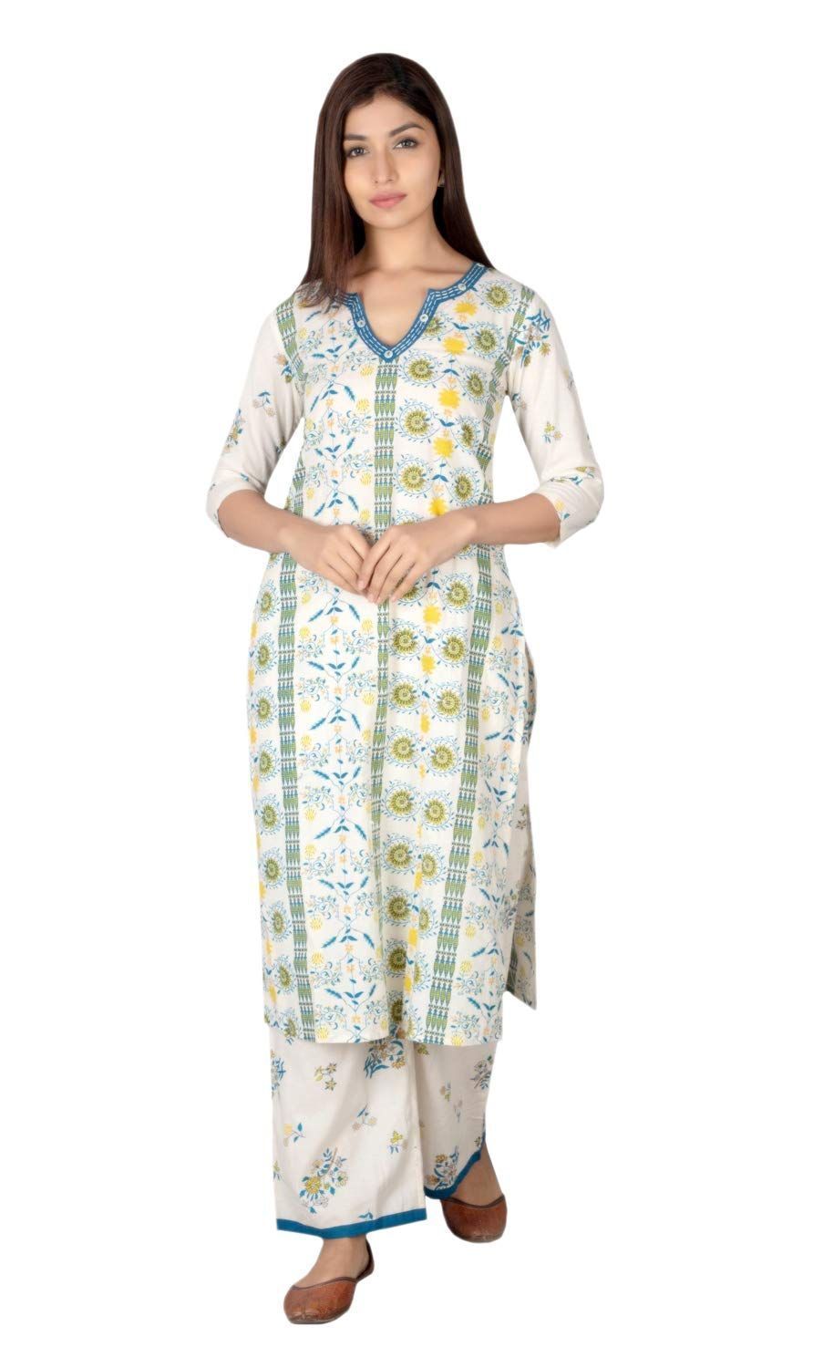 JAIPURETHNICWEAVES Women's Cotton Cambric Floral Printed Straight Kurta & Palazzo Set