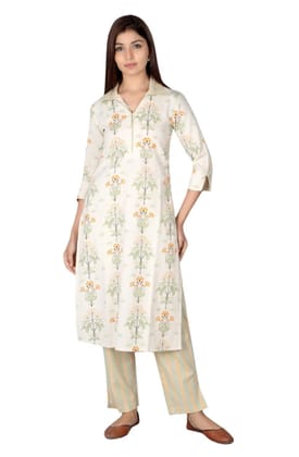 JAIPURETHNICWEAVES Women's Cotton Flax Floral Printed Straight Kurta & Palazzo Set