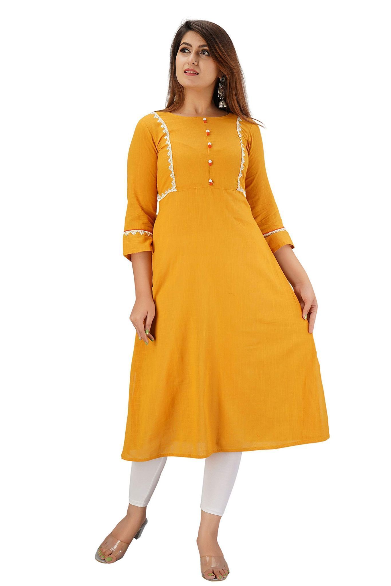 JAIPURETHNICWEAVES Women's Cotton Slub Embroidered Straight Kurta (Mustard)