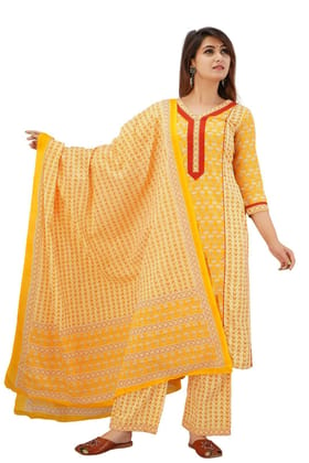 JAIPURETHNICWEAVES Women's Cotton Cambric Buti Printed Straight Kurta Palazzo & Dupatta Set